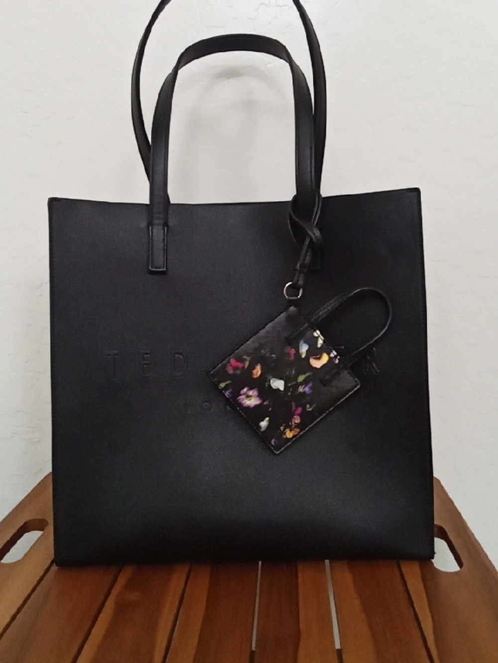 Ted Baker Black Leather Tote with Floral Charm
